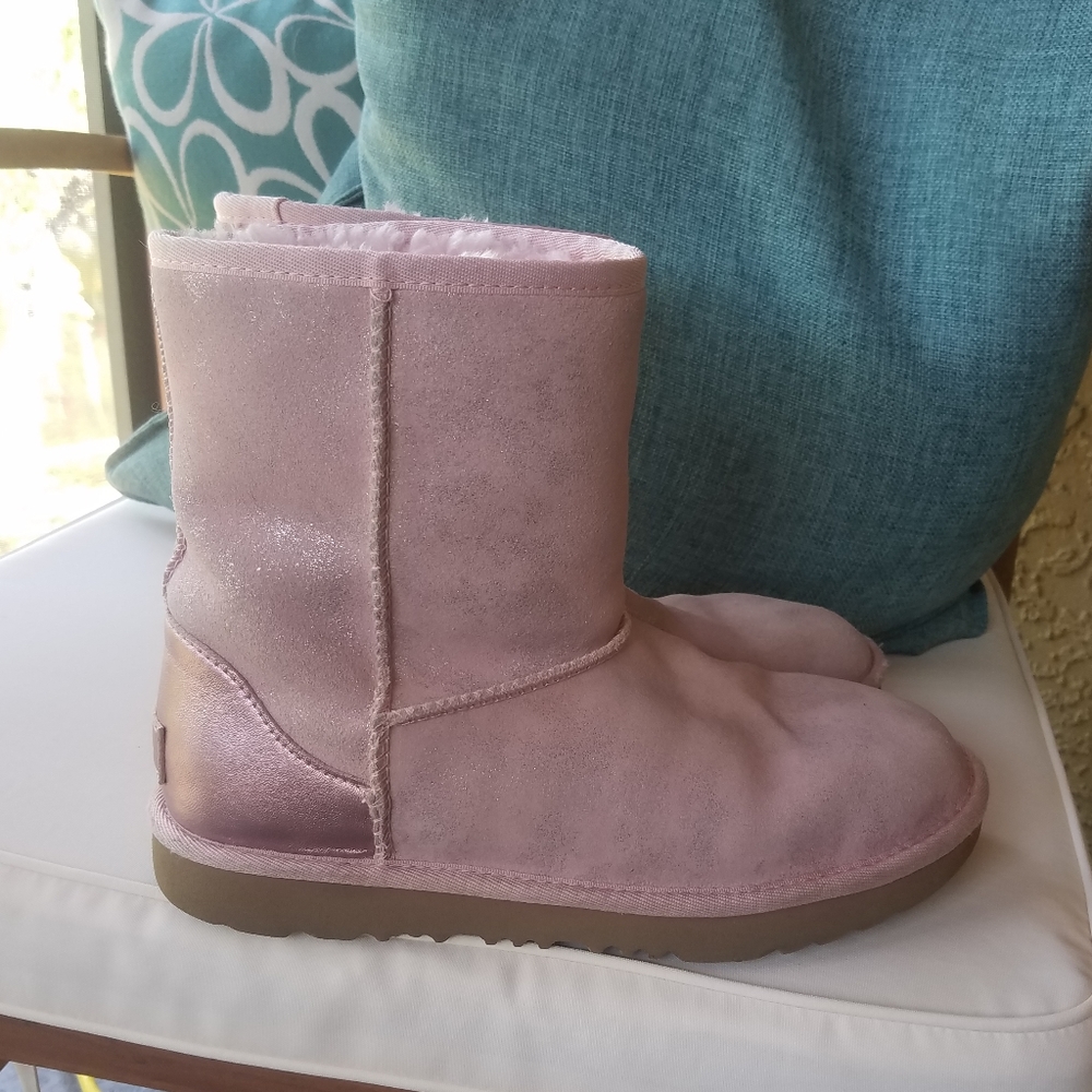 UGG classic short pink shimmer metallic sheepskin fur leather boots